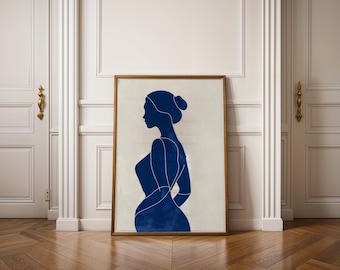 Blue Female Silhouette Wall Art – Abstract Line Art Print in Scandinavian Style