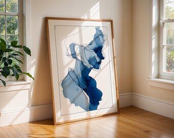 Blue Contour Face Art Print – Abstract Scandinavian Line Art Wall Decor