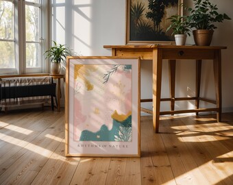 Pink Botanical Poster | Japandi Style Abstract Wall Art | Minimalist Nature-Inspired Home Decor