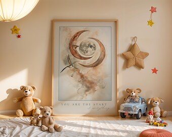 Minimalist Moon and Bird Nursery Print: Scandinavian Kids Room Decor