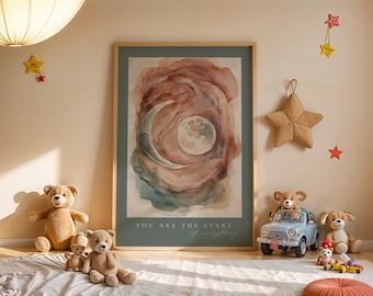 Watercolor Moon Nursery Print – Beige, Brown, and Green Scandinavian Art