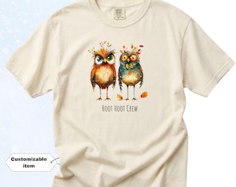 Camiseta con estampado de pareja de búhos en acuarela, camiseta original para amantes de las aves, texto personalizado opcional.