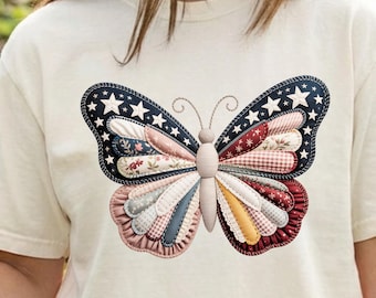 Camiseta vintage americana con estampado de mariposas, camiseta con estampado de patchwork sintético, conjunto informal y suave.