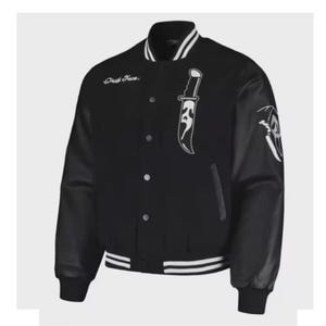 May include: Black varsity jacket with black leather sleeves, white trim, and a button-up front. Features a white Ghost Face knife graphic on the front and a Ghost Face logo on the sleeve. The text "Ghost Face" is embroidered on the chest.