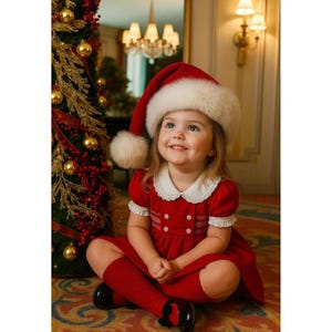 Puede incluir: Una niña pequeña con un vestido rojo, calcetines rojos y zapatos negros, y un gorro de Papá Noel con ribete blanco y pompón. La niña está sentada en una alfombra estampada cerca de un árbol de Navidad decorado.