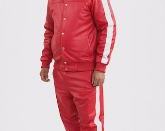 Chándal de cuero rojo para hombre / Conjunto de dos piezas de cuero genuino / Ropa urbana de lujo hecha a mano