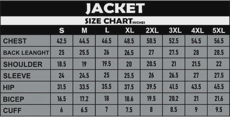 Puede incluir: Tabla de tallas de chaquetas en blanco y negro, en pulgadas. La tabla incluye medidas de pecho, largo de espalda, hombro, manga, cadera, b&iacute;ceps y pu&ntilde;o, desde la talla S hasta la 5XL.