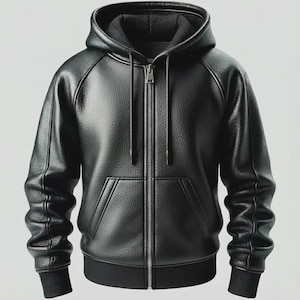 Puede incluir: Una sudadera con capucha de cuero negro con cremallera completa, capucha y dos bolsillos delanteros. La chaqueta tiene pu&ntilde;os y dobladillo de canal&eacute;. El cuero tiene una apariencia texturizada.