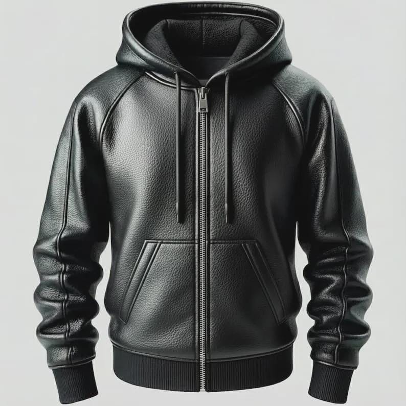 Puede incluir: Una sudadera con capucha de cuero negro con cremallera completa, capucha y dos bolsillos delanteros. La chaqueta tiene pu&ntilde;os y dobladillo de canal&eacute;. El cuero tiene una apariencia texturizada.
