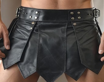 Falda escocesa de cuero de gladiador romano / Falda de armadura de piel de vaca negra para LARP y cosplay