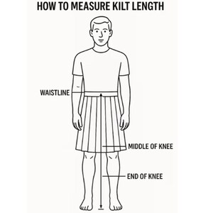 May include: Black and white illustration showing how to measure kilt length. The image features a person wearing a kilt, with labels indicating the waistline, middle of the knee, and end of the knee.