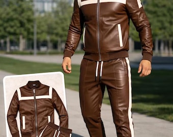 Chándal de cuero marrón para hombre / Conjunto de ropa urbana de dos piezas hecho a mano