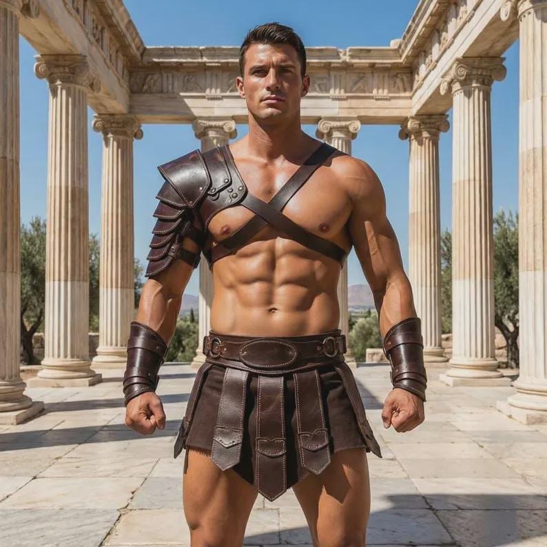 May include: A dark brown leather gladiator costume set consisting of a segmented shoulder pauldron, a chest harness with crisscross straps, a wide waist belt with metal rings, and a matching skirt with vertical panels, paired with two leather bracers.