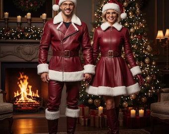 Echt leren meneer en mevrouw Claus-kostuum | Cosplay-kerstoutfit