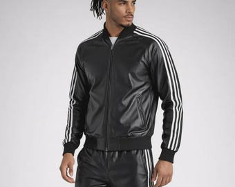 Chándal de cuero genuino negro para hombre / Sudadera con rayas blancas / Chándal de cuero estilo jogger