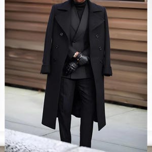 Men’s Black Melton Wool Overcoat | Double Breasted Tweed Long Coat | Peak Lapel Six Button Winter Trench | Classic Knee Length Outerwear