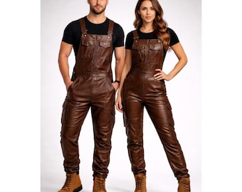 Latzhose aus echtem braunem Leder für Herren | Handgemachte Latzhose Jumpsuit
