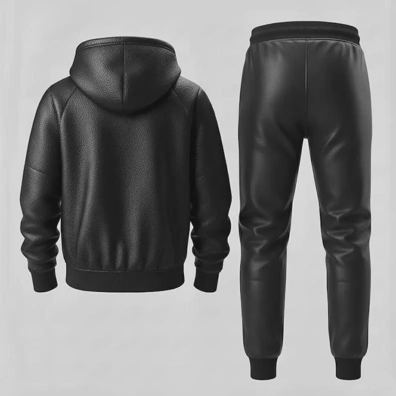 Puede incluir: Un conjunto negro de sudadera con capucha de cuero y pantalones de ch&aacute;ndal a juego. La sudadera con capucha tiene una capucha y pu&ntilde;os y dobladillo acanalados. Los pantalones de ch&aacute;ndal tienen cintura el&aacute;stica y pu&ntilde;os acanalados.