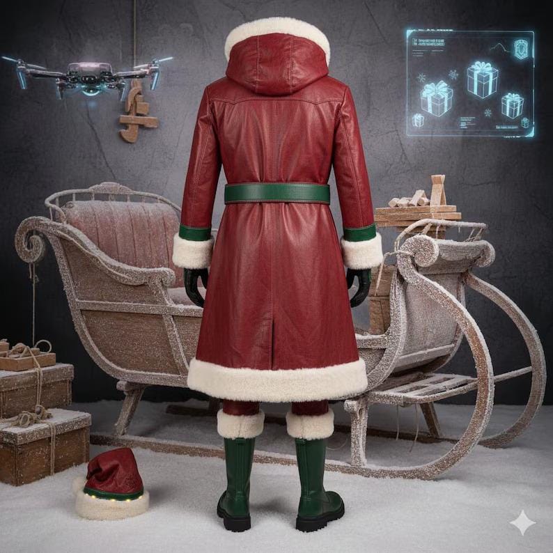 Op de afbeelding: Een bordeauxrode leren kerstmanjas met een groene riem, witte imitatiebontafwerking en een bijpassende capuchon. De outfit bevat groene laarzen en een kerstmuts. Een drone en een slee staan op de achtergrond.