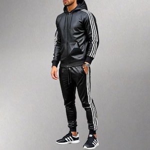Men&#39;s Genuine Lambskin Leather Tracksuit | Black Jogging Suit with White Stripes | Handmade Leather Sweat Suit