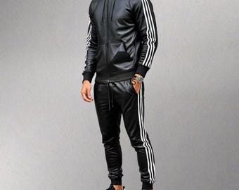 Men's Lambskin Leather Tracksuit | Handmade Black Jogging Suit
