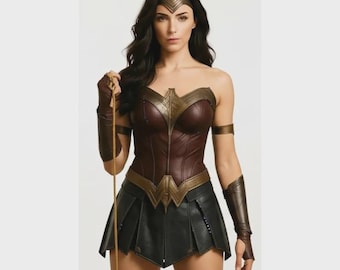 Handmade Warrior Woman Leather Cosplay Costume | Warrior Skirt & Corset Superheroine Outfit