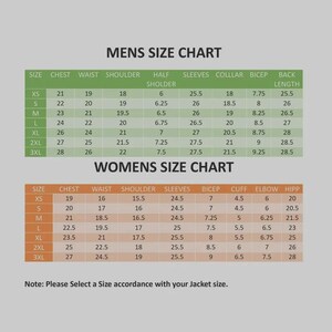 May include: A size chart graphic featuring two tables labeled MENS SIZE CHART and WOMENS SIZE CHART. The top table is green with columns for chest, waist, shoulder, half shoulder, sleeves, collar, bicep, and back length. The bottom table is tan.