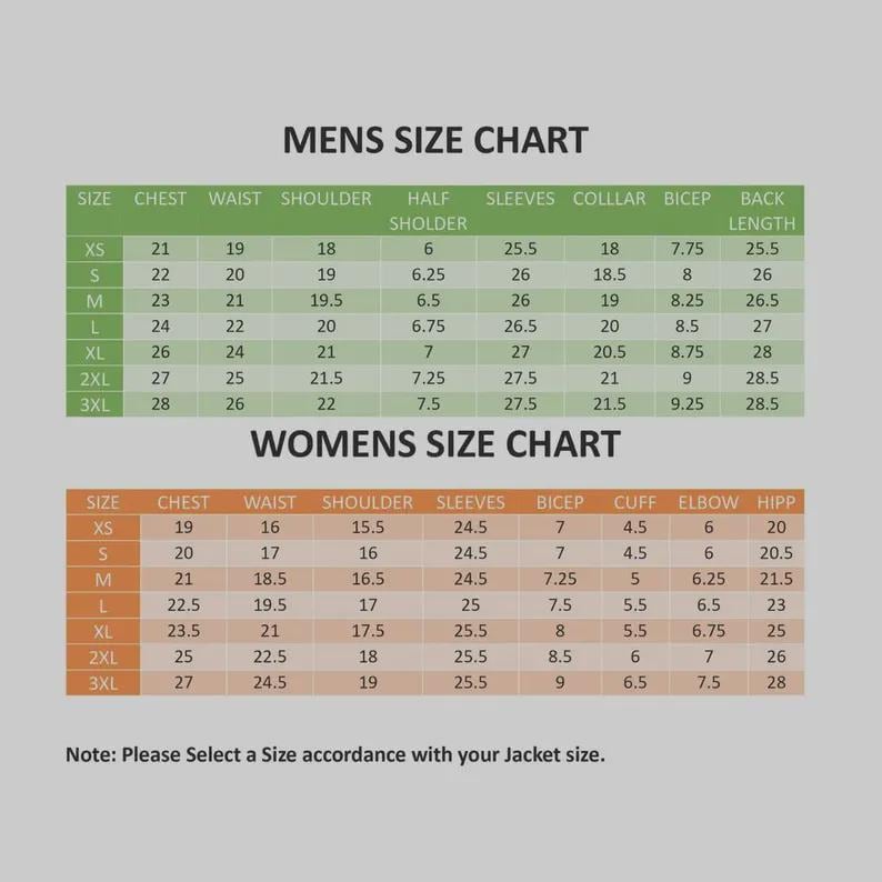 May include: A size chart graphic featuring two tables labeled MENS SIZE CHART and WOMENS SIZE CHART. The top table is green with columns for chest, waist, shoulder, half shoulder, sleeves, collar, bicep, and back length. The bottom table is tan.