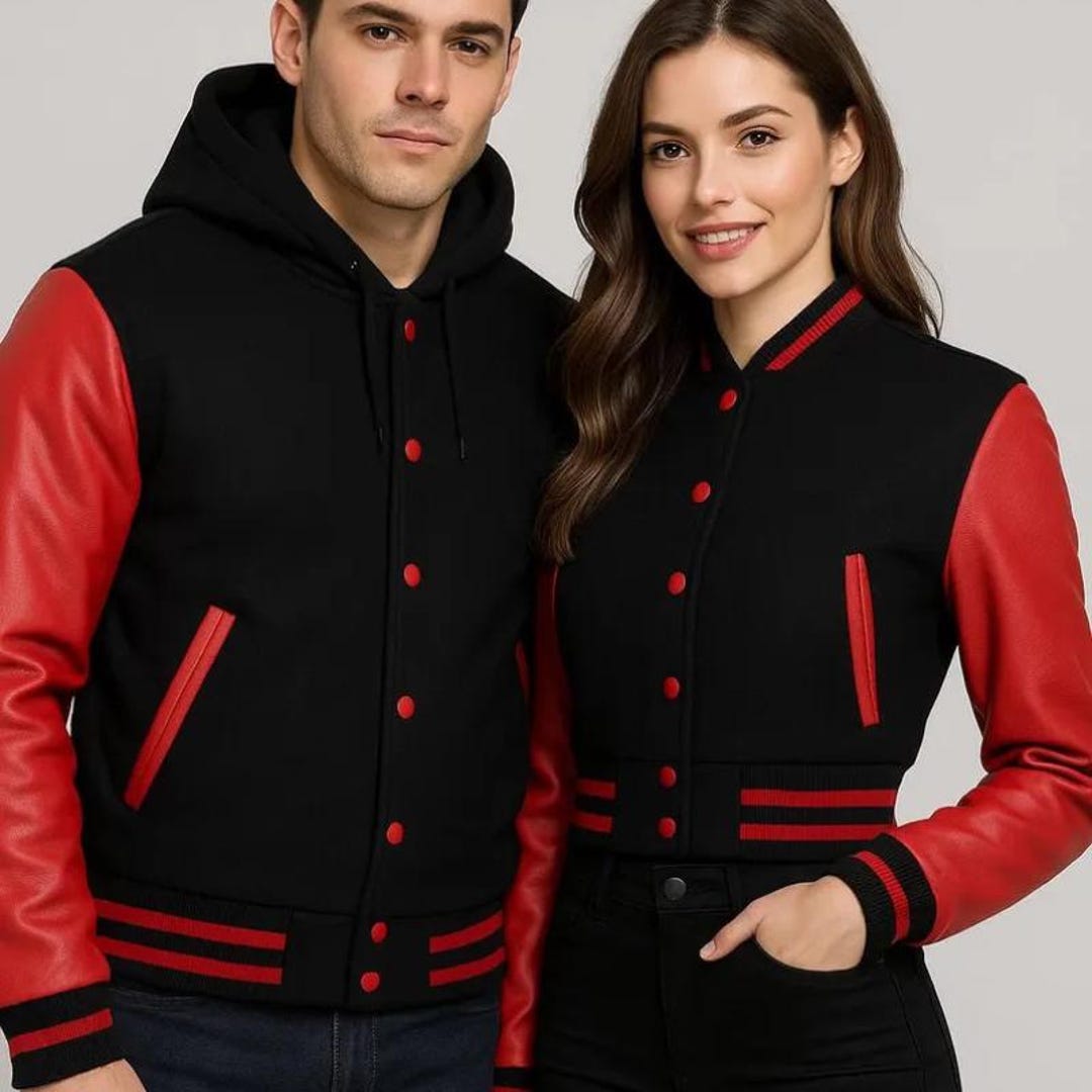 Custom Couple Varsity Jackets Black Wool Red Leather Sleeves ...