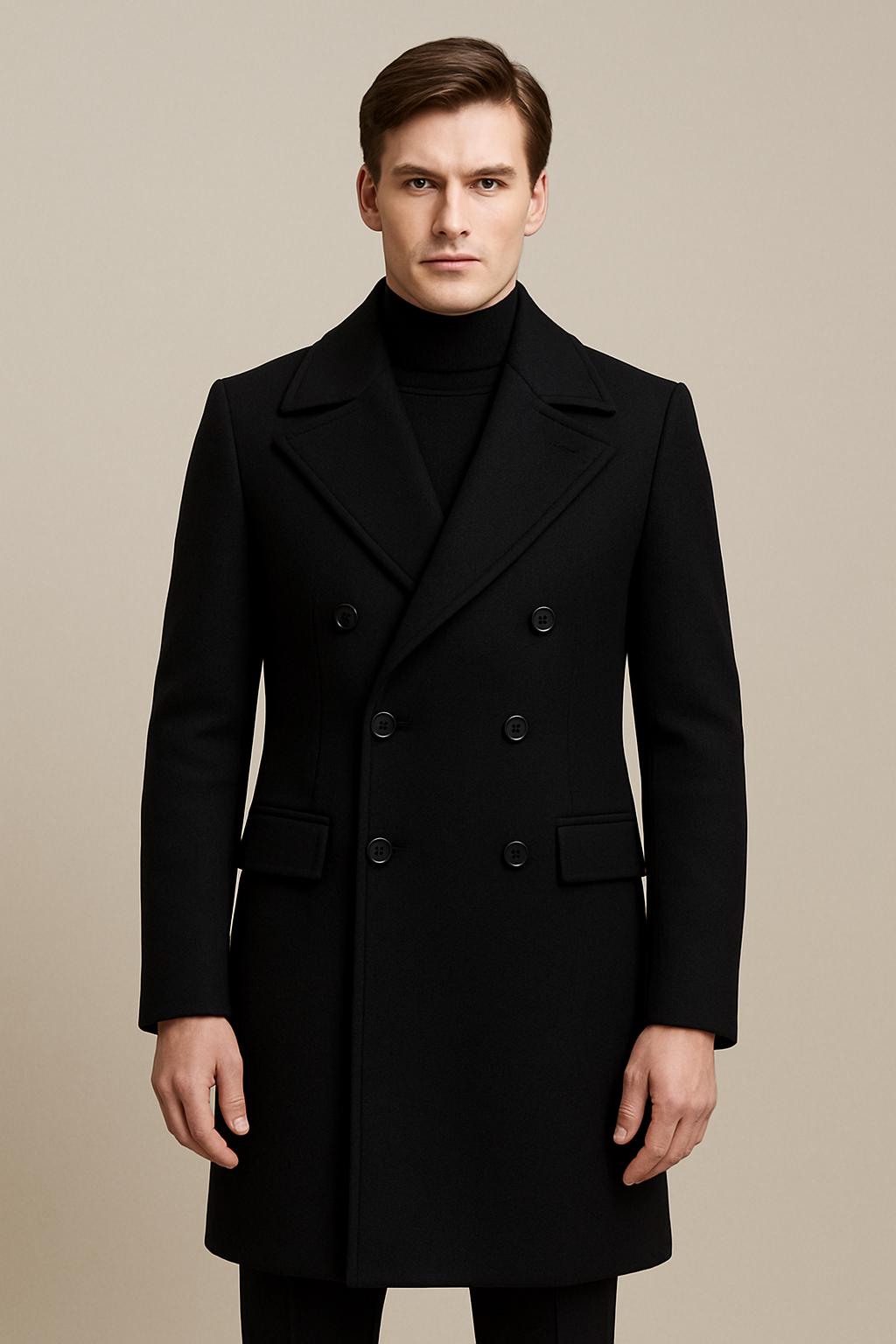 Men's Black Melton Wool Overcoat | Double Breasted Tweed Trench
