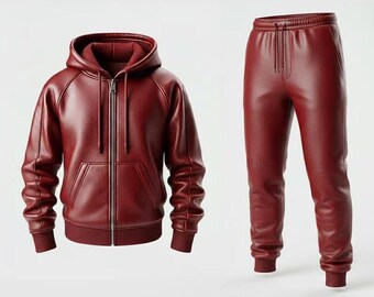 Chándal de cuero burdeos para hombre: sudadera y pantalones hechos a mano, estilo urbano.