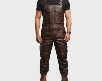 Brown Leather Men’s Overalls | Genuine Leather Cargo Biker Jumpsuit