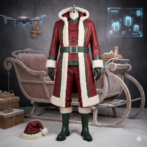 Op de afbeelding: Een kerstman kostuum op een mannequin. De rode jas en broek hebben witte imitatiebont afwerking en een groene riem. De outfit bevat groene laarzen, zwarte handschoenen en een kerstmuts. Een slee en ingepakte cadeaus staan op de achtergrond.