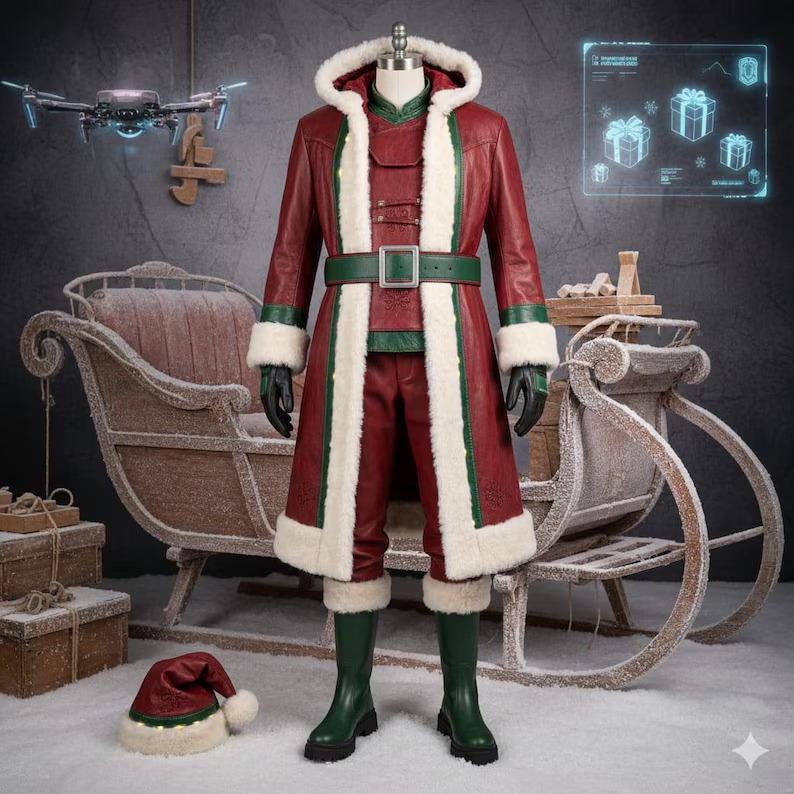 Op de afbeelding: Een kerstman kostuum op een mannequin. De rode jas en broek hebben witte imitatiebont afwerking en een groene riem. De outfit bevat groene laarzen, zwarte handschoenen en een kerstmuts. Een slee en ingepakte cadeaus staan op de achtergrond.