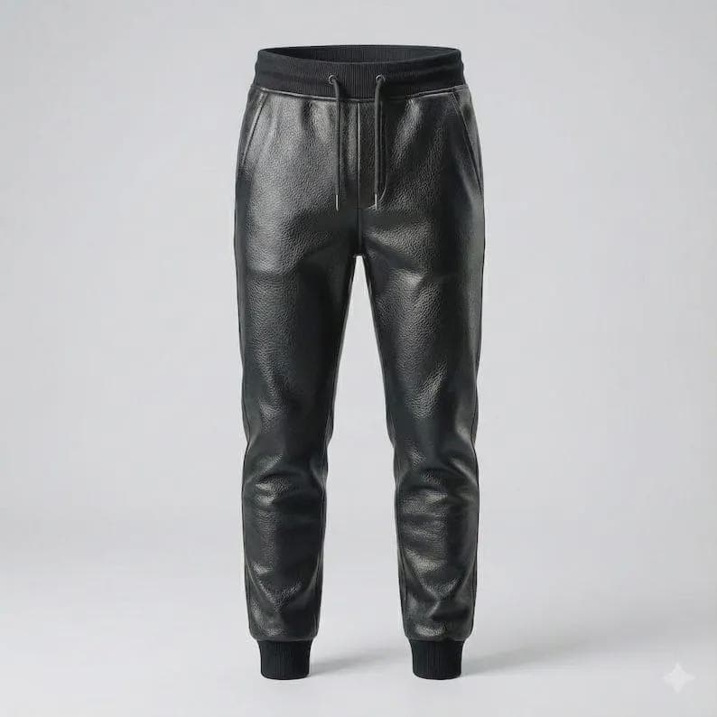 Puede incluir: Pantalones deportivos de cuero negro con cintura con cord&oacute;n y pu&ntilde;os acanalados. Los pantalones tienen un aspecto texturizado y bolsillos laterales. Los pantalones deportivos son de estilo casual.