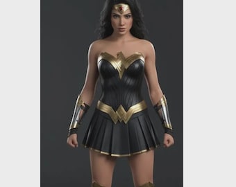 May include: A Wonder Woman costume featuring a black and gold bodice, a pleated black skirt, and gold accents on the gauntlets and boots. The costume includes a gold headband with a red star emblem.