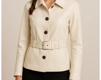 White Leather Capekt Jacket: Belted Waist, Handmade Real Leather