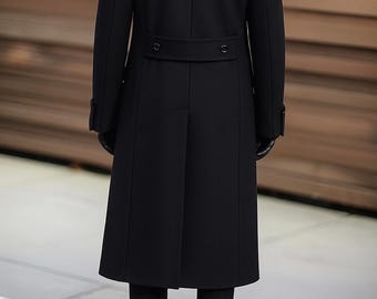 Men's Black Melton Wool Overcoat | Double Breasted Tweed Trench