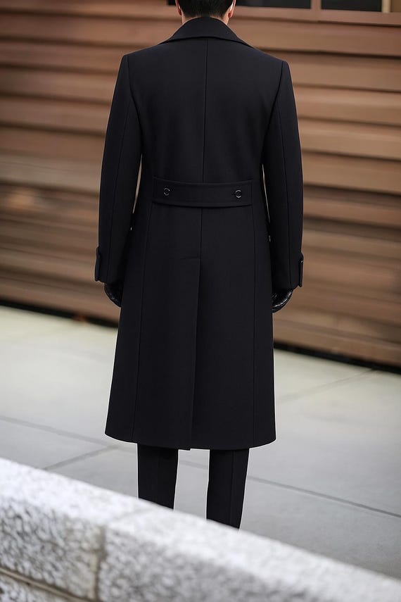 Men's Black Melton Wool Overcoat | Double Breasted Tweed Trench
