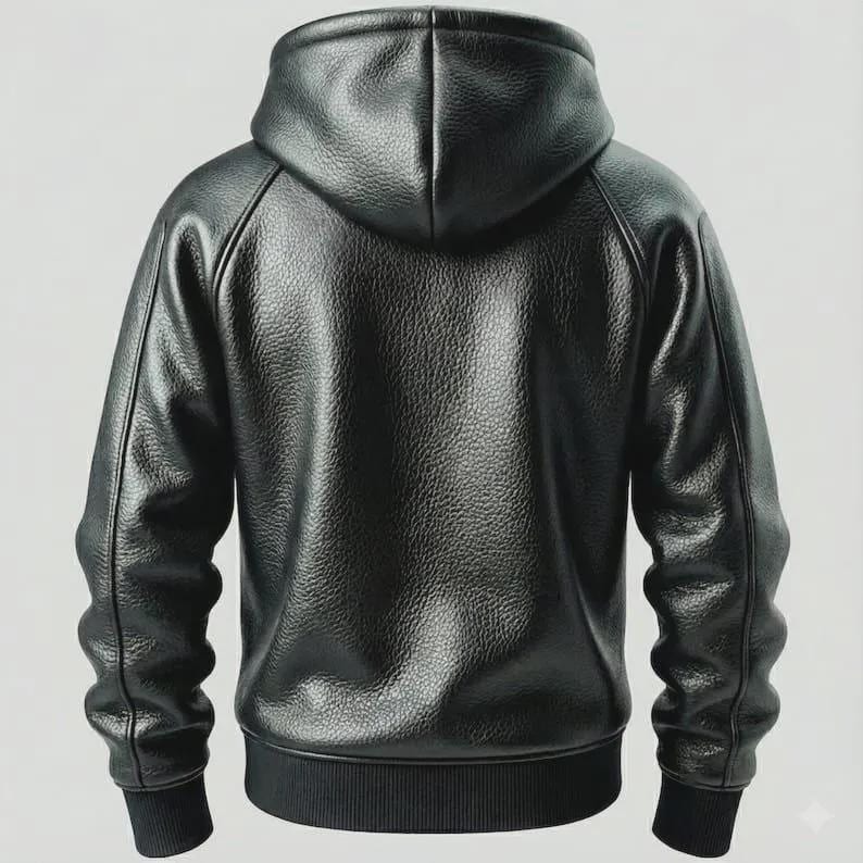 Puede incluir: Chaqueta con capucha de cuero negro con un acabado texturizado. La chaqueta presenta una cremallera completa, una capucha y pu&ntilde;os y dobladillo de canal&eacute;. La vista trasera muestra el dise&ntilde;o de la chaqueta, adecuada para uso casual.