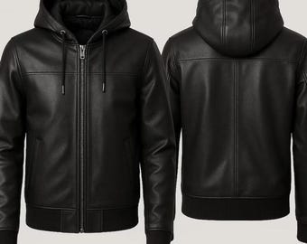 Veste à capuche noire en cuir véritable pour hommes : vêtements d'extérieur pour motards décontractés