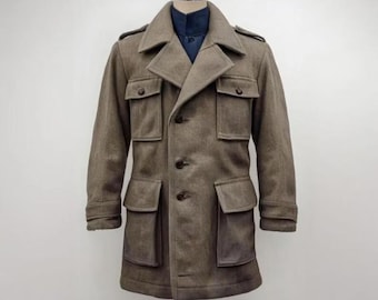 Vintage 1940s Swedish Wool Military Coat: Olive Green Pocket