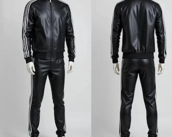 Handmade Genuine Black Leather Tracksuit | White Stripe Jogging Suit | Men’s Hip Hop Streetwear Outfit