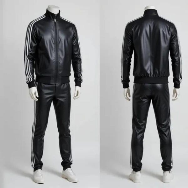 May include: Black leather tracksuit with white stripes on the jacket sleeves and pants. The jacket has a zip-up front and a stand-up collar. The pants are straight-legged. The outfit is displayed on a mannequin.