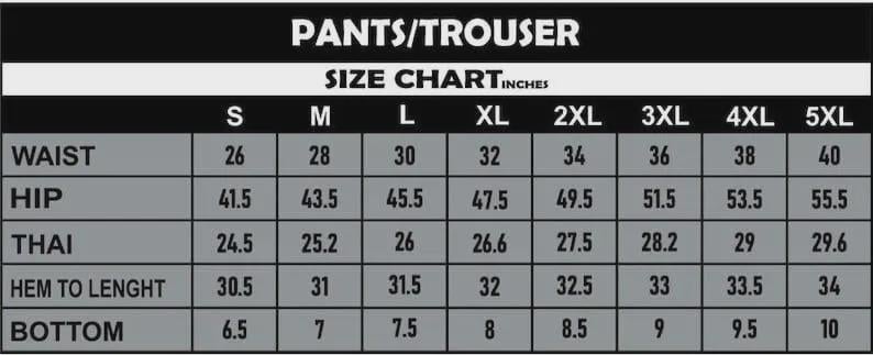 Puede incluir: Una tabla de tallas en blanco y negro para pantalones, etiquetada como "PANTS/TROUSER" en la parte superior. La tabla enumera las medidas en pulgadas para la cintura, la cadera, el muslo, el dobladillo a la longitud y la parte inferior, con tallas de la S a la 5XL.