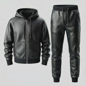 Puede incluir: Un conjunto negro de cuero que incluye una chaqueta con capucha y cremallera y un pantal&oacute;n deportivo a juego. La chaqueta tiene capucha y pu&ntilde;os y dobladillo de canal&eacute;. El pantal&oacute;n tiene cintura con cord&oacute;n y pu&ntilde;os de canal&eacute;.
