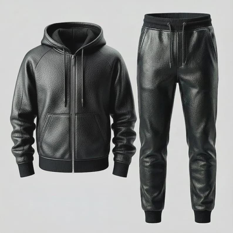 Puede incluir: Un conjunto negro de cuero que incluye una chaqueta con capucha y cremallera y un pantal&oacute;n deportivo a juego. La chaqueta tiene capucha y pu&ntilde;os y dobladillo de canal&eacute;. El pantal&oacute;n tiene cintura con cord&oacute;n y pu&ntilde;os de canal&eacute;.