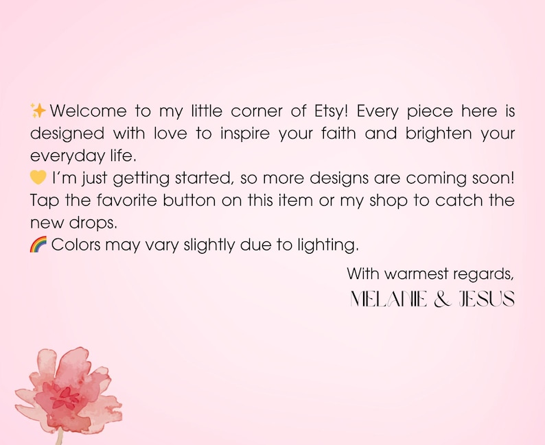 Puede incluir: Fondo rosa claro con texto que dice "&iexcl;Bienvenido a mi rinconcito de Etsy!" y "MELANIE & JESUS". Una flor de acuarela est&aacute; en la esquina inferior izquierda. El texto est&aacute; dise&ntilde;ado para inspirar la fe.