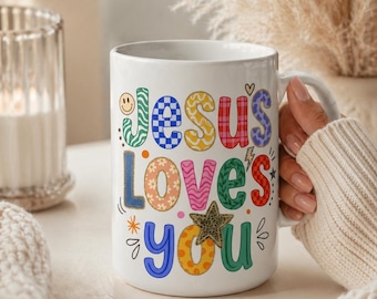 Jesus Loves You Mug, Christian Gift, Jesus Loves You, Ceramic Mugs, Patchwork Aesthetic Gift, Christian Coffee Cup, Christian Mug
