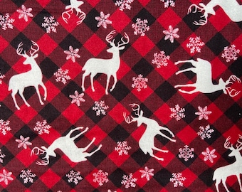 Deer and Flakes Plaid Flannel Fabric sold by the yard - 100% Cotton